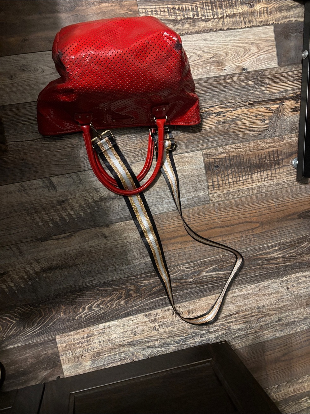 kate spade Red Perforated Patent Shoulder Tote with Gold Chain -pre- owned with